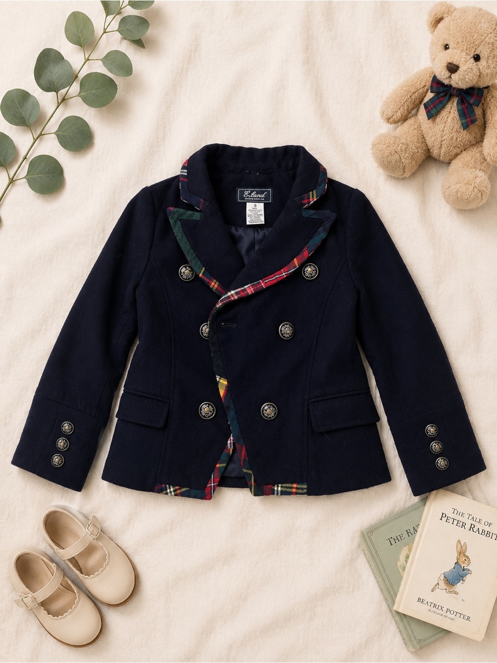 E-Land Girls Navy Double Breasted Plaid Trim Blazer Size 6 Preppy
